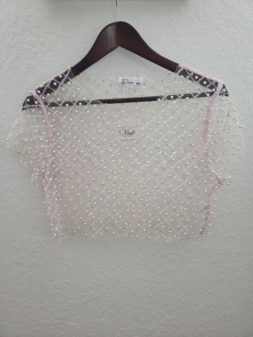 NWT Hot & Delicious Sheer Pink Pearl-Studded Crop Top